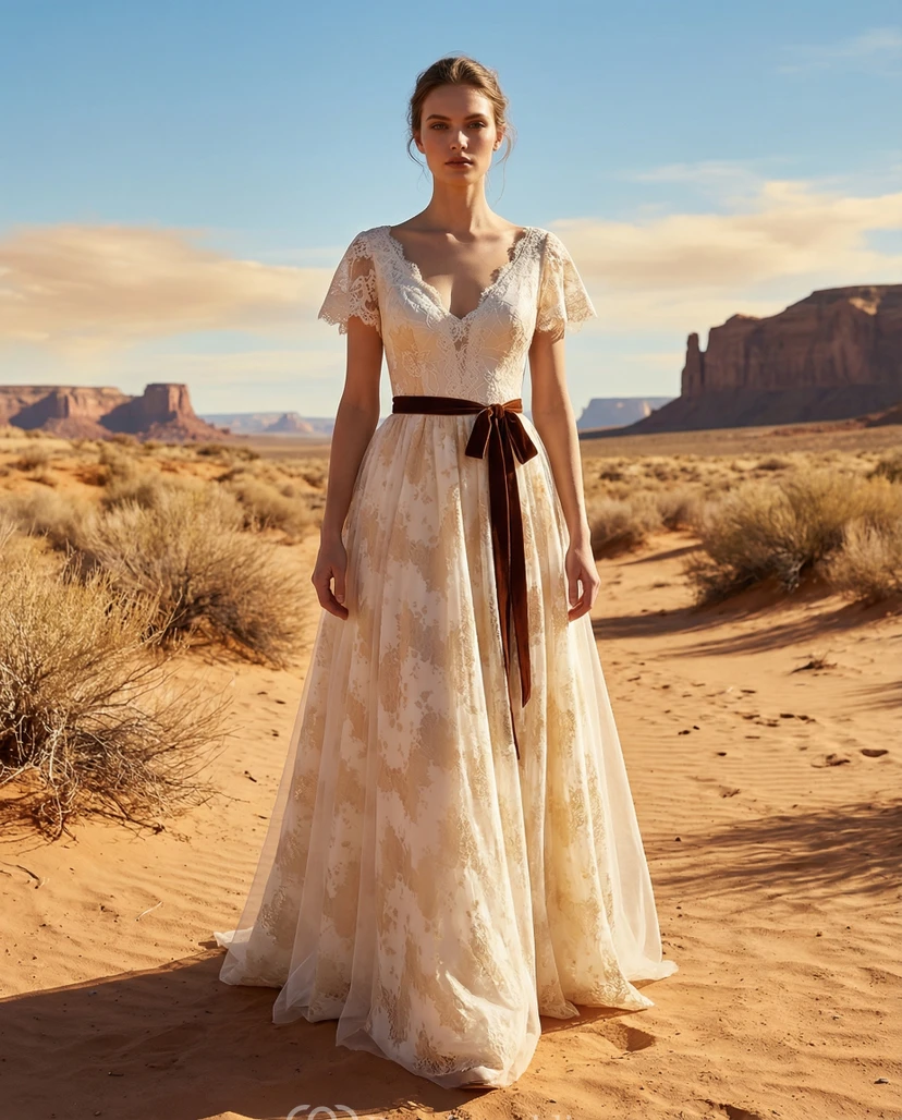 Robe de mariée champêtre bohème à col V - Robe en dentelle à manches papillon et ceinture en velours