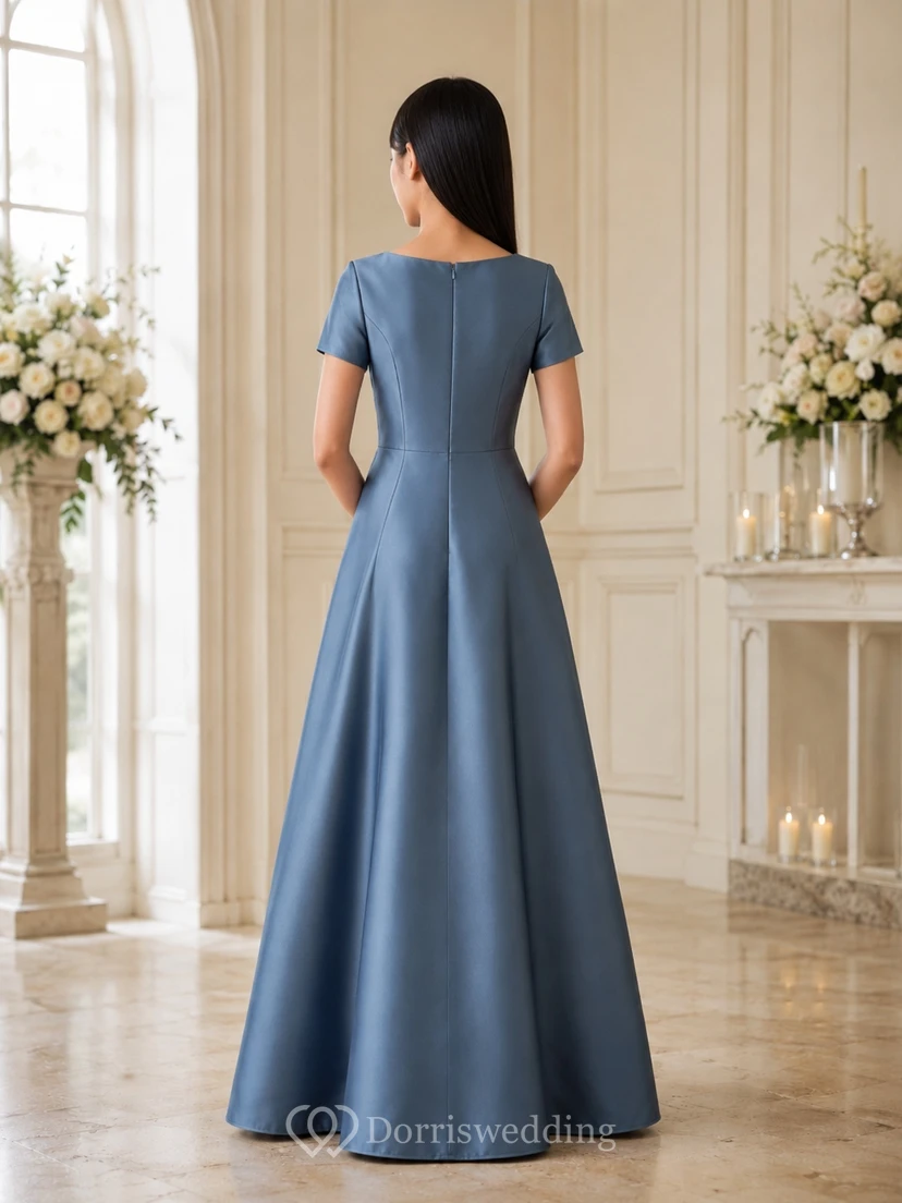 Vestido de dama de honor juvenil azul pizarra, corte en A, manga corta color joya, satén elegante. view 2