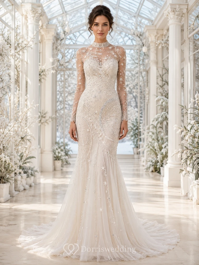 Himmlisches elfenbeinfarbenes, perlenbesetztes Spitzen-Meerjungfrauen-Abendkleid, ärmellos