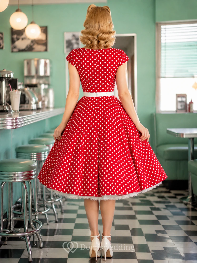 Retro Red Polka-Dot Scoop-Neck Cap-Sleeve Taffeta A-Line Tea-Length Cocktail Guest Dress view 2