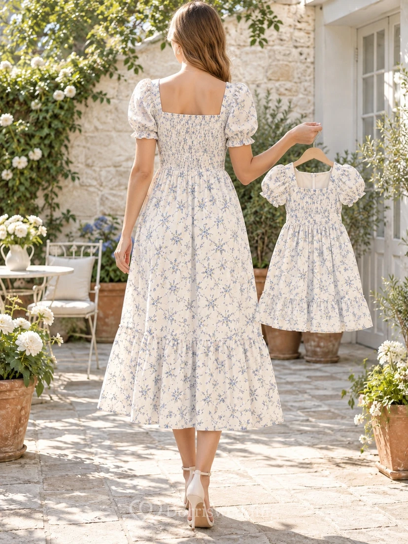 Country Tea-length Blue Floral Square Neck Puff Sleeve Matching Family Dress view 2