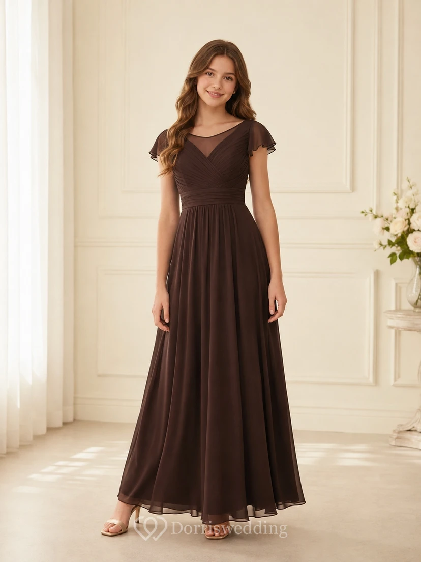 Vestido de dama de honor juvenil marrón, corte en A, escote en V, manga corta, fruncido, elegante.