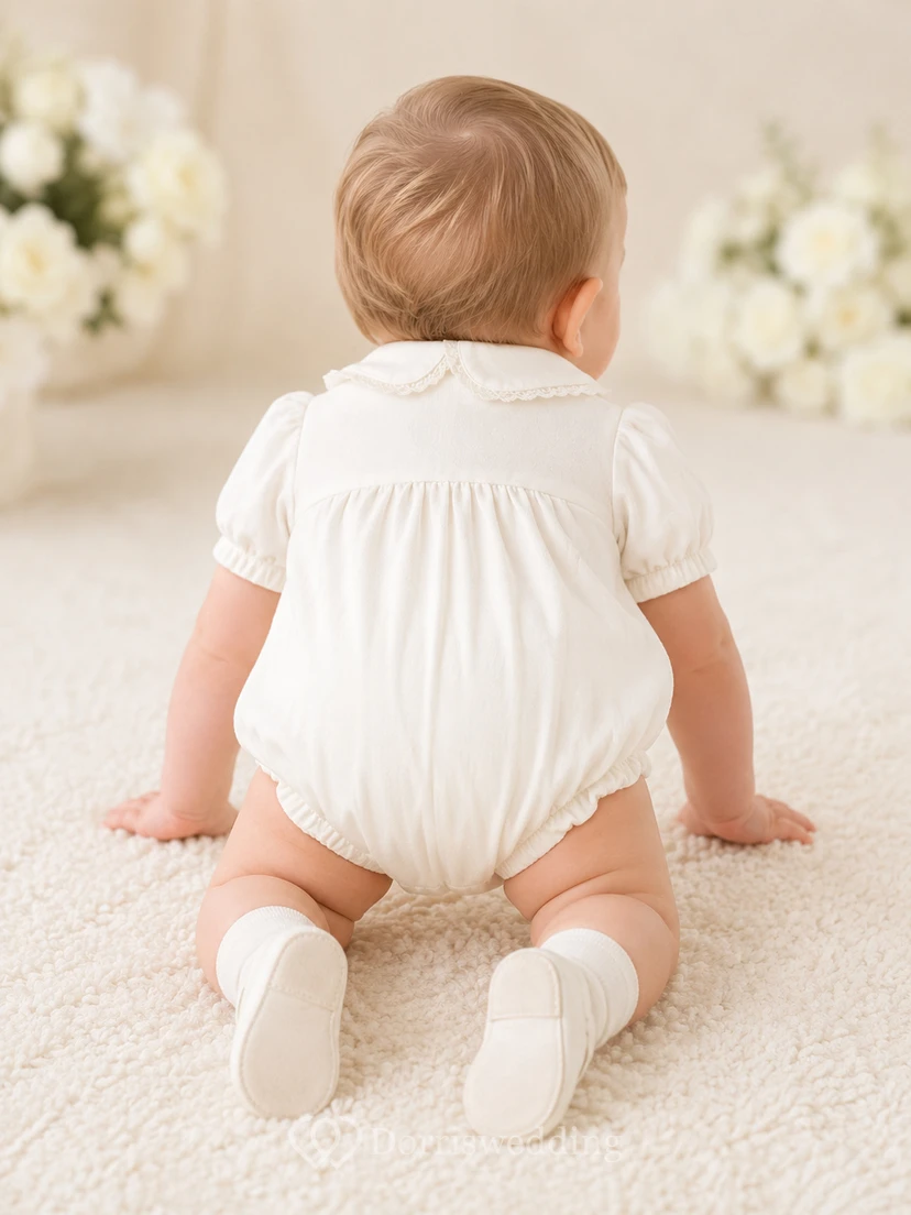 White Lace Trim Puff Sleeve Christening Baby Bubble Romper for Baby Boy view 2