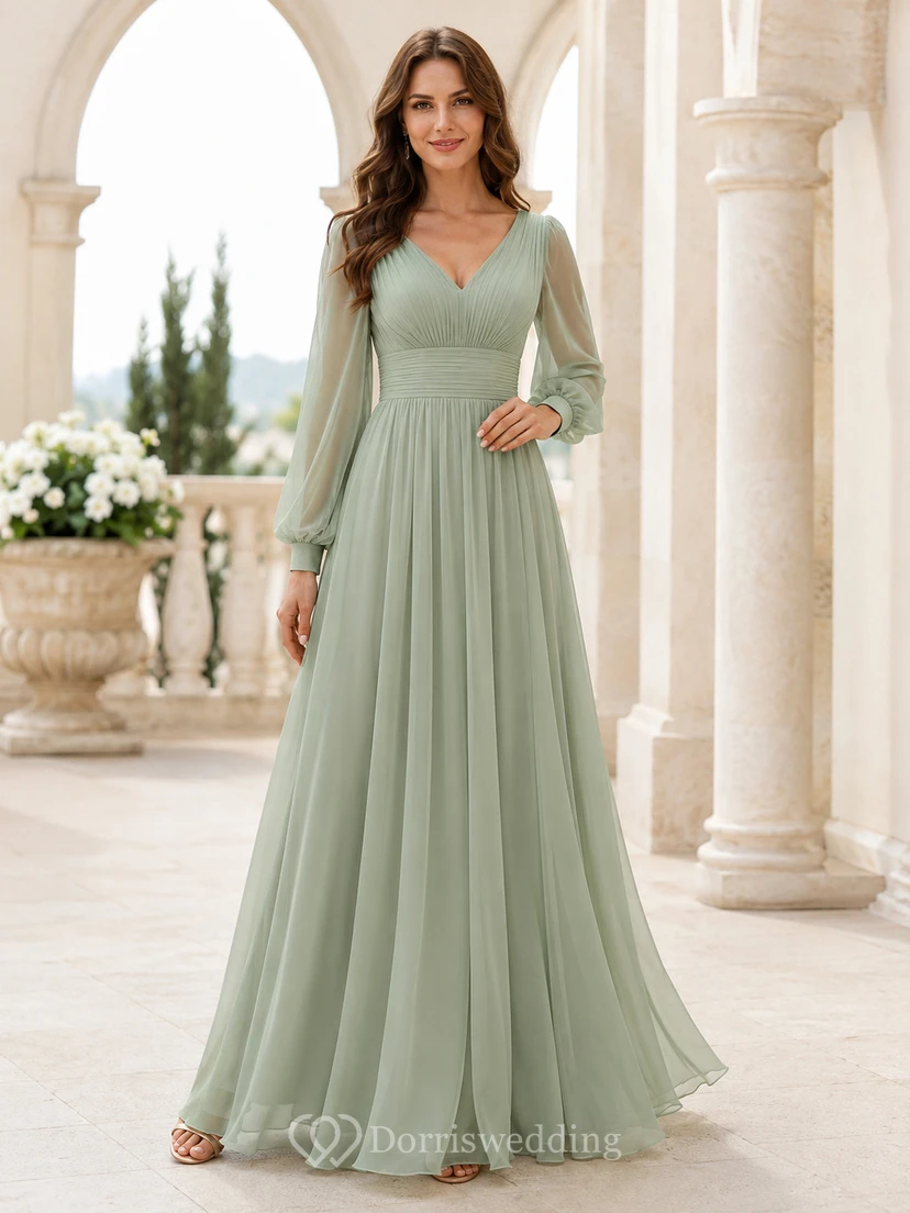 Celadonfarbenes Chiffon-Brautjungfernkleid mit V-Ausschnitt, Poetenärmeln und tiefem V-Ausschnitt am Rücken sowie Reißverschluss