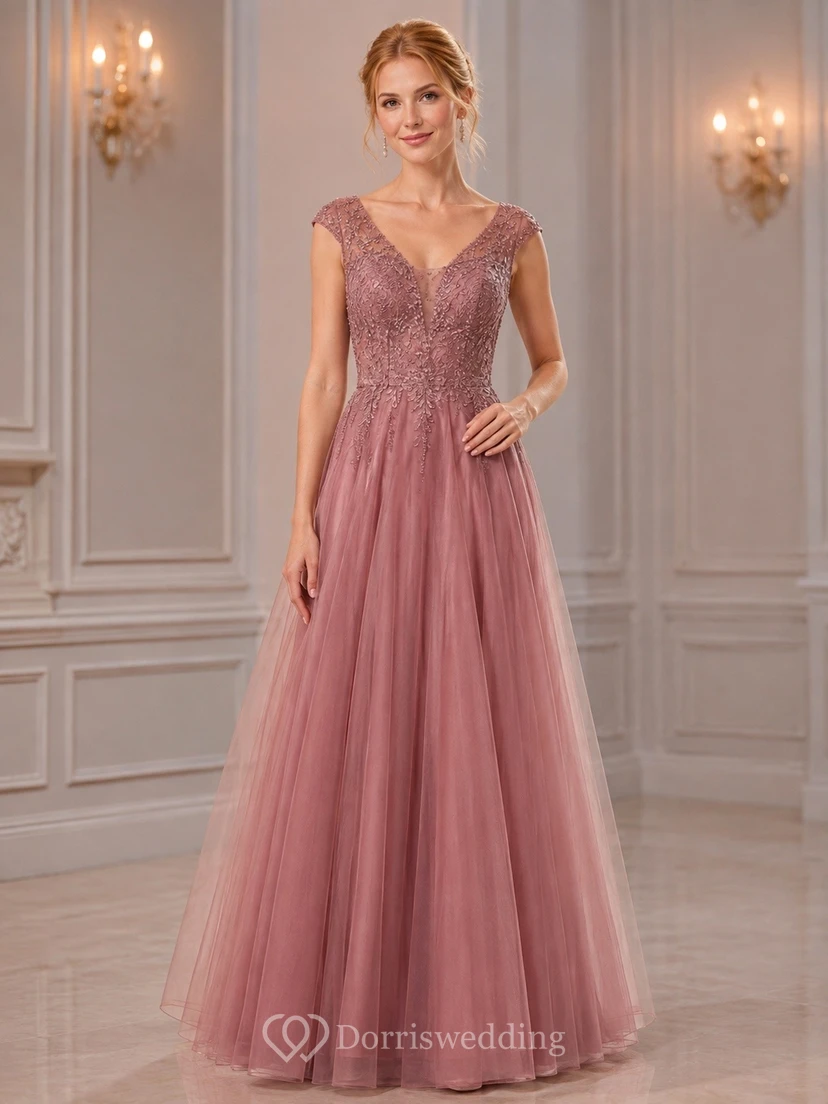 Romantic Dusty Rose V-neck Short Sleeve Floor-length Chiffon A-line Evening Dress