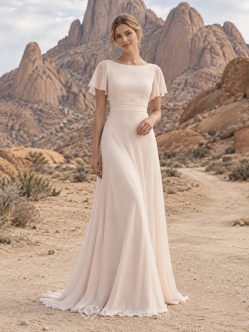 Vestido de novia sencillo de gasa rosa rubor con cuello joya y mangas cortas, corte recto.