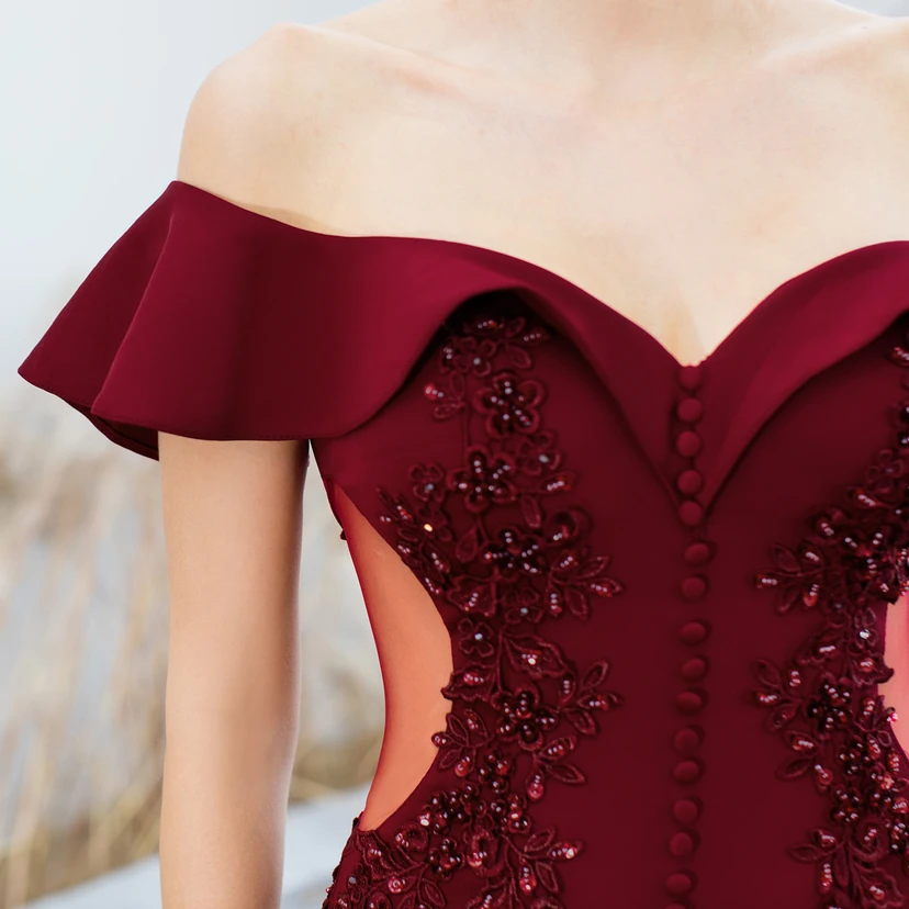 Robe de mariée longue rouge asymétrique à une épaule, coupe sirène, idéale pour un banquet ou une soirée de mariage. view 14