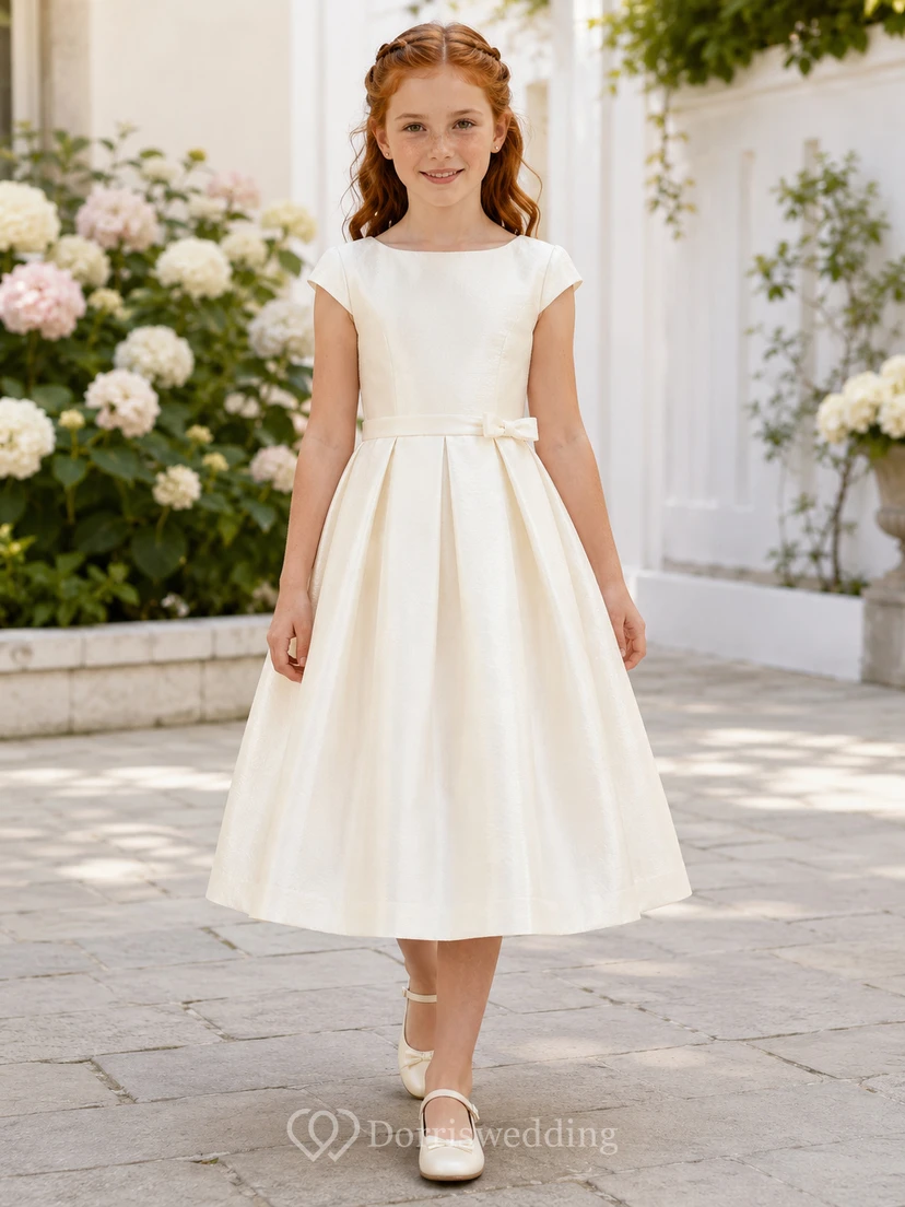Cap Sleeve Satin Bow Communion Flowergirl Tea Length Ceremony Dress