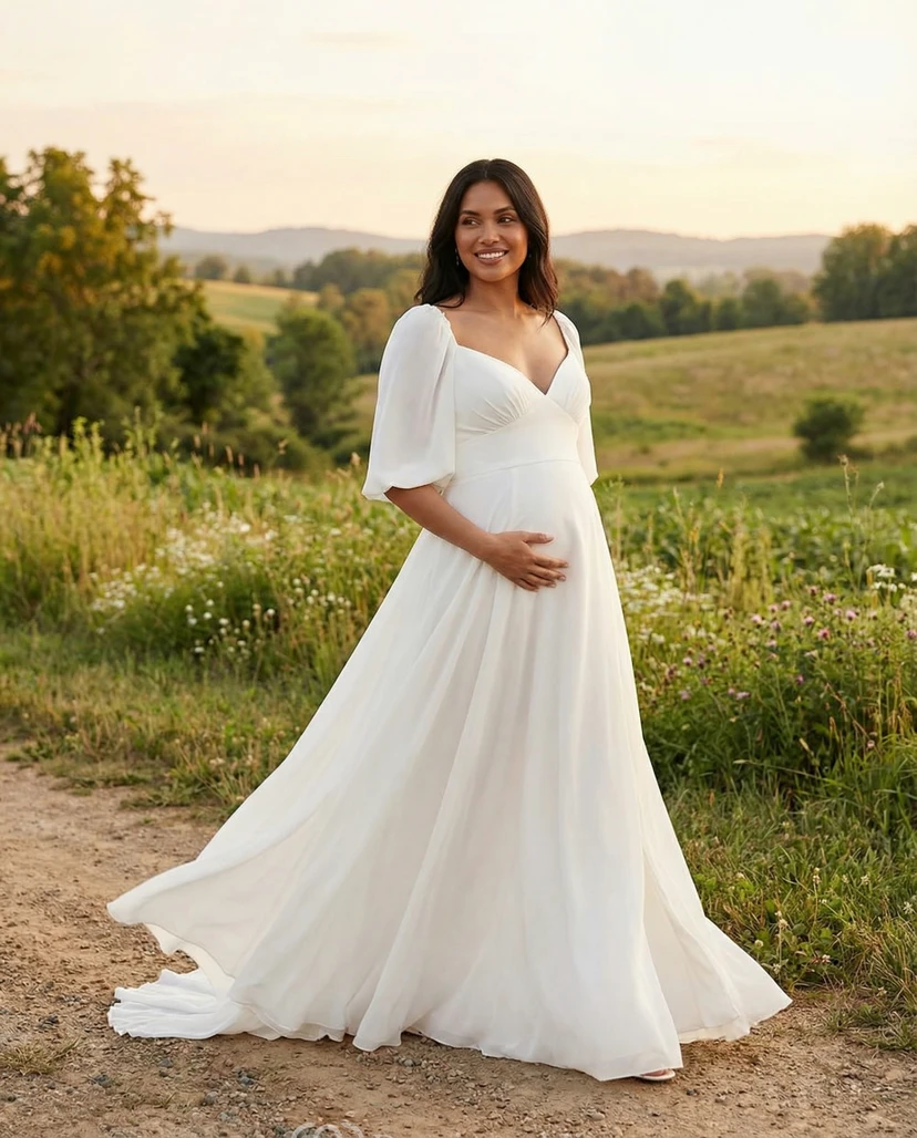 White Puff Sleeve Maternity Wedding Dress with V Neck