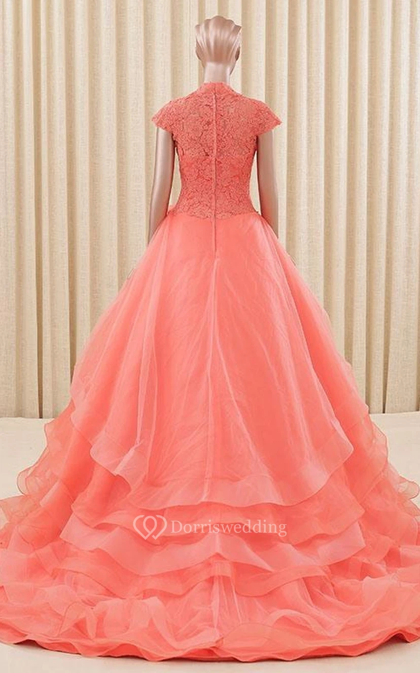 A-Line Ball Gown Floor-Length High Neck Bell Cap Bow Sweep Train Zipper Lace Organza Dress view 2