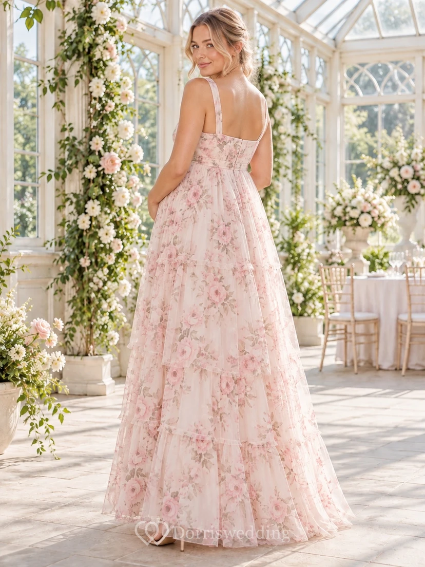 Ärmelloses, bodenlanges Umstandskleid mit Blumenmuster in zartem Rosa und Empire-Trägern view 2