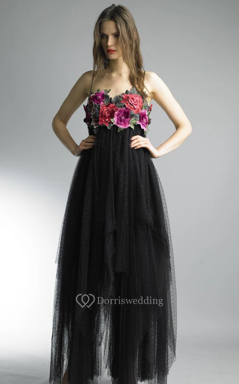 A-line Floor-length Strapless Spaghetti-strap Tulle Zipper Dress view 3