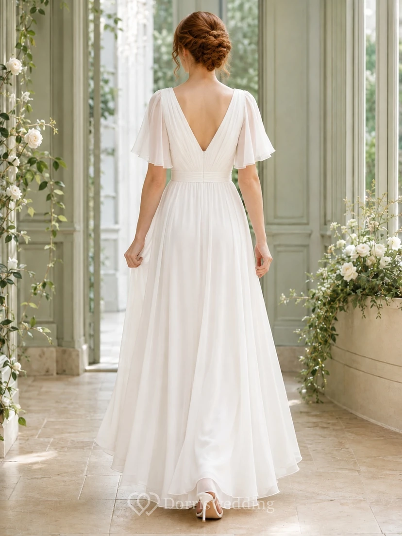 Romantisches Brautkleid aus Chiffon mit V-Ausschnitt, flatternden Ärmeln und Empire-Schnitt in A-Linie für eine Strandhochzeit view 2