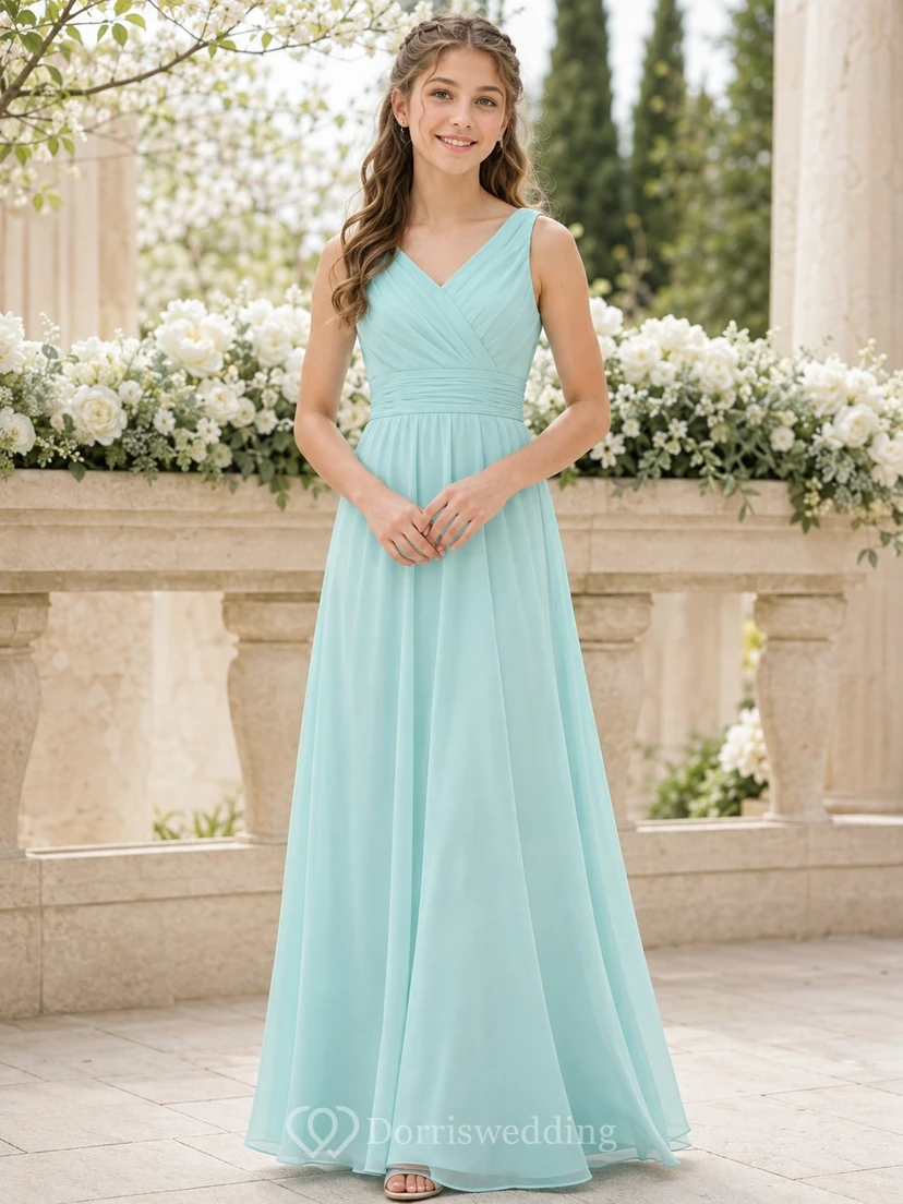 Vestido de dama de honor juvenil color aguamarina, corte en A, escote en V, sin mangas, elegante y formal.