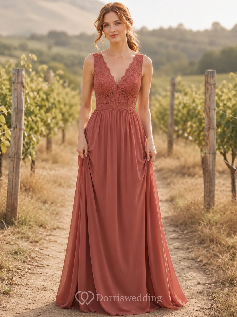 Terracotta V neck lace bodice chiffon floor bridesmaid dress