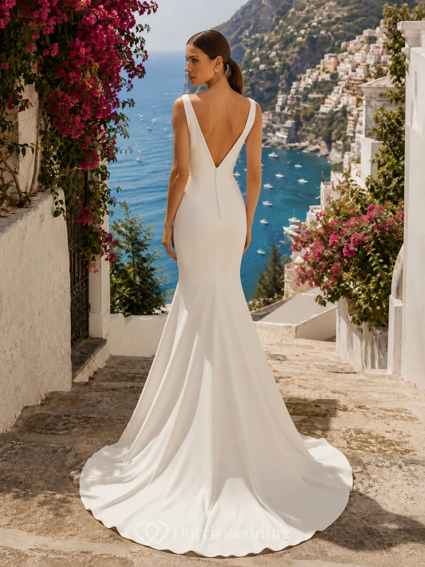 Robe de mariée sirène sexy en satin à bretelles en V et dos nu plongeant, idéale pour une destination romantique. view 2