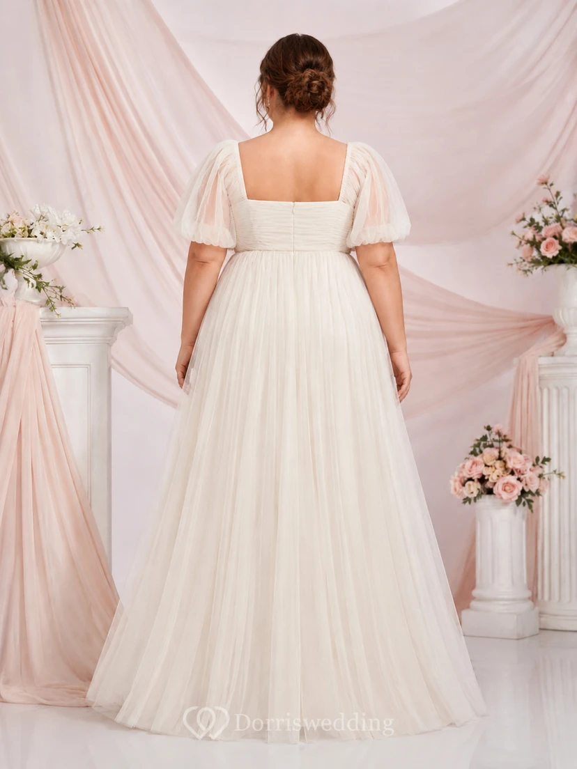 Plus Size Square Neck Puff Sleeve Tulle Wedding Dress view 2