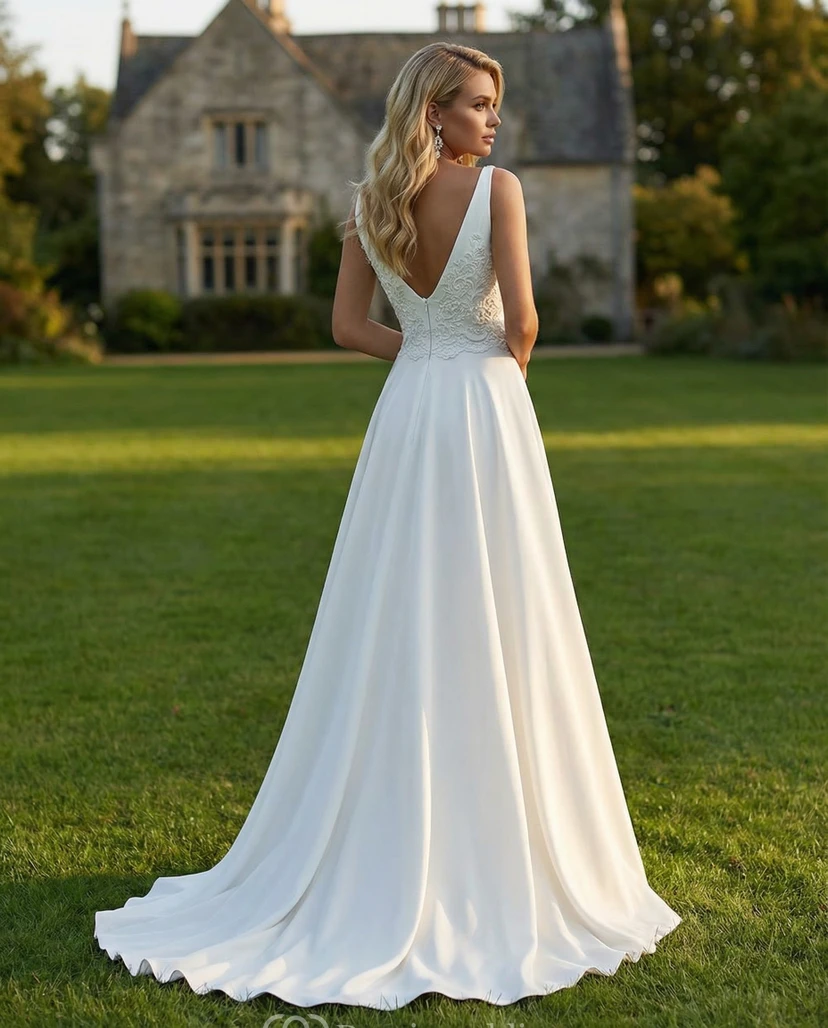 Vestido de novia de satén con escote barco y apliques view 2