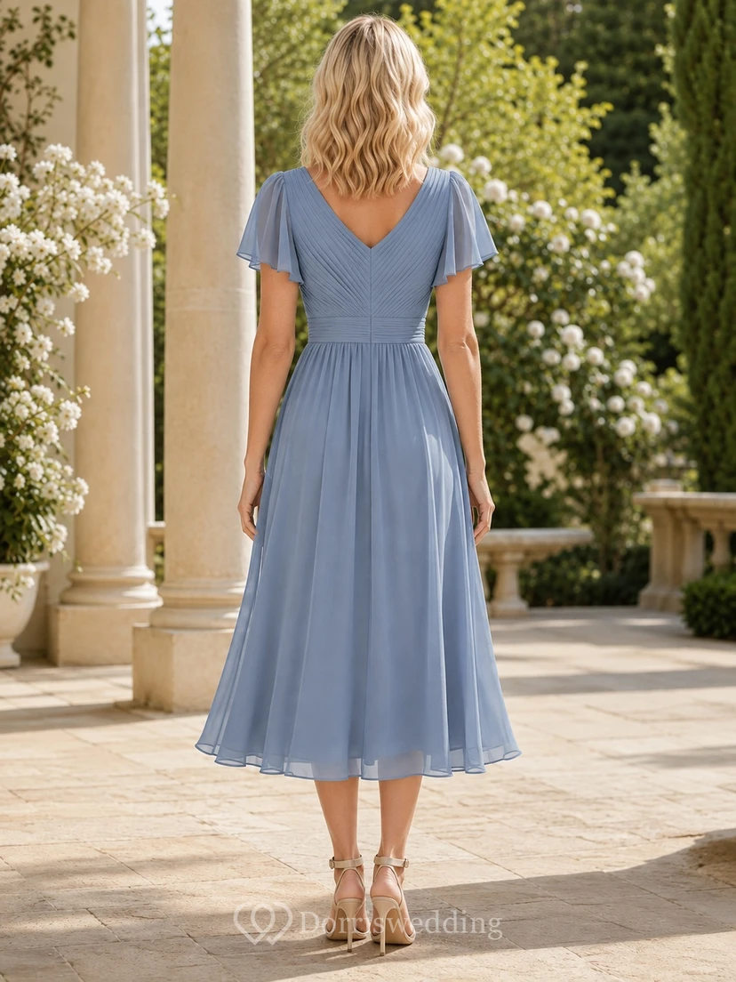 Modest Sky Blue Flutter Sleeve Pleated Chiffon A-Line Tea-Length Guest Dress view 2