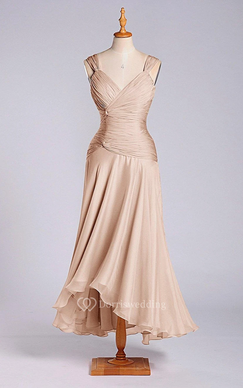 Sleeveless V-neck Tea-length Chiffon Dress with Ruching view 3