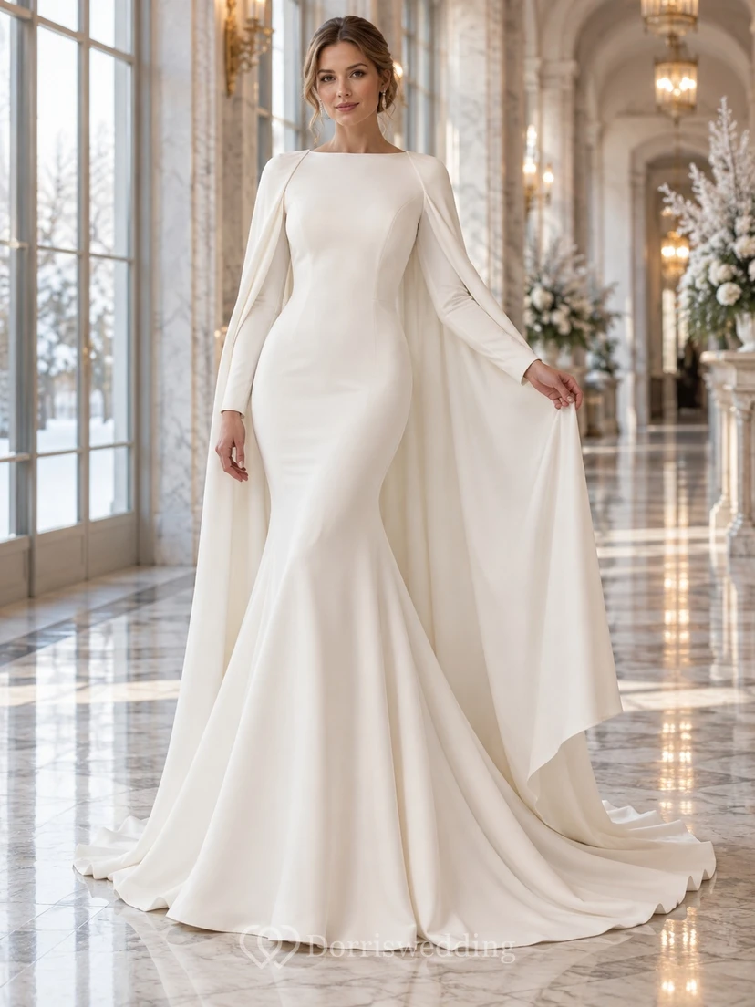 Simple Long Sleeve Winter Bateau Neck Flared Crepe Cape Wedding Dress
