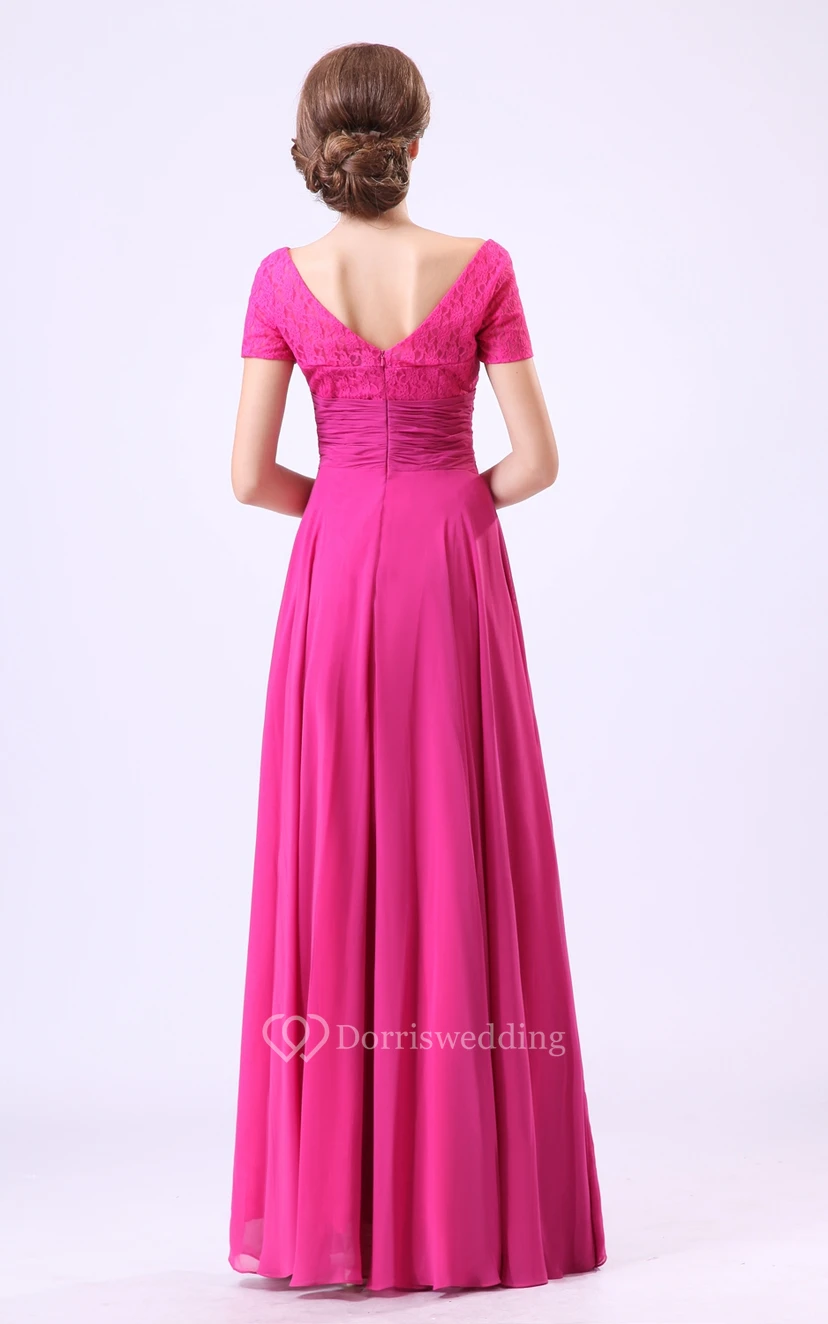 Square-Neck Short-Sleeve Chiffon Dress With Pleating and Laced Top view 4