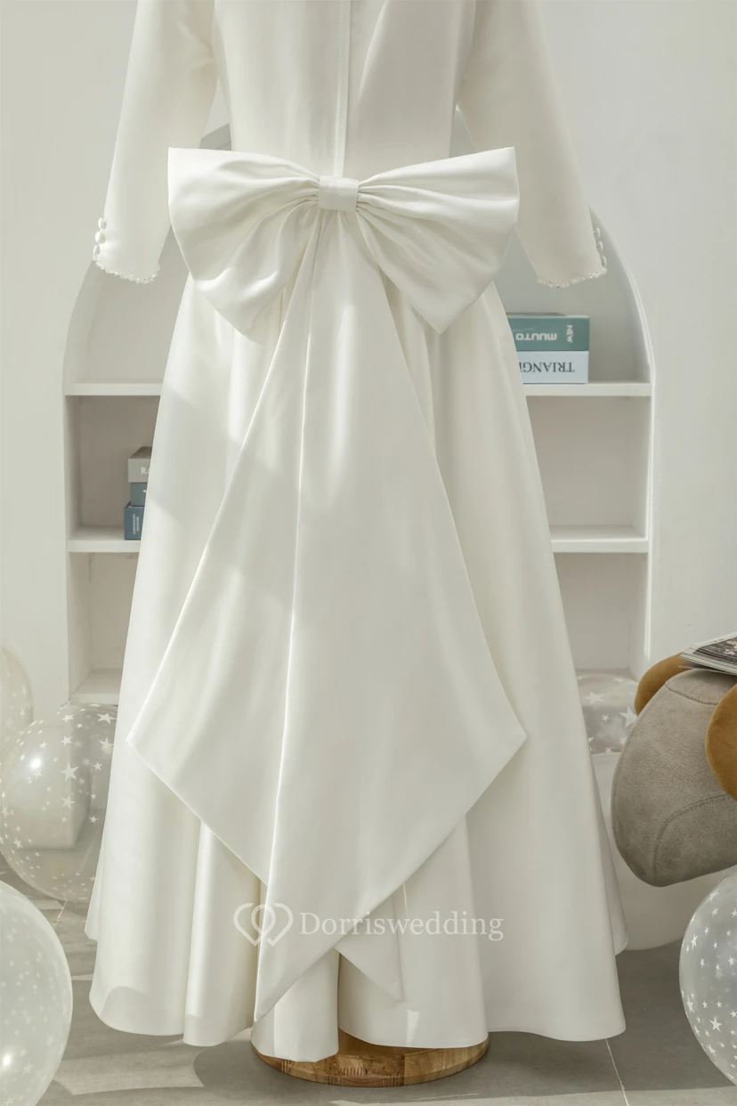Modest Long Sleeve Scoop-neck Satin A-line Beaded Flowergirl Dress view 7