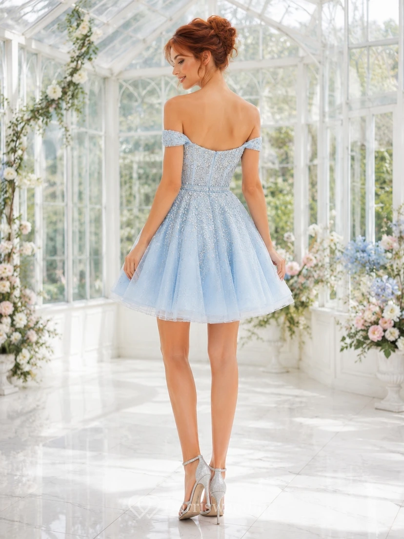 Himmelblaues, schulterfreies A-Linien-Cocktailkleid aus Spitze und Tüll mit kurzen Ärmeln und Korsettrücken für den Homecoming-Ball. view 2