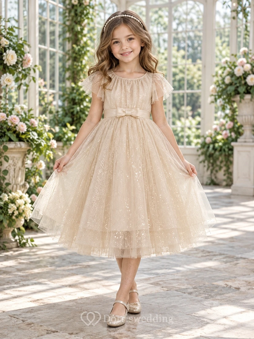 Tea-length Champagne A-line Tulle Flutter-sleeve Pleated-bodice Sparkling Bow-waist Flower Girl Dress