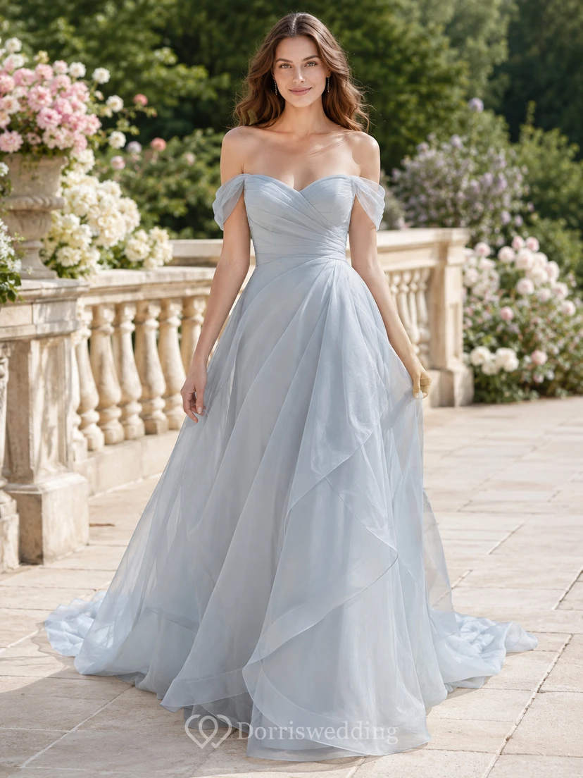 Robe de mariée romantique bleu acier, épaules dénudées, en organza doux, coupe trapèze