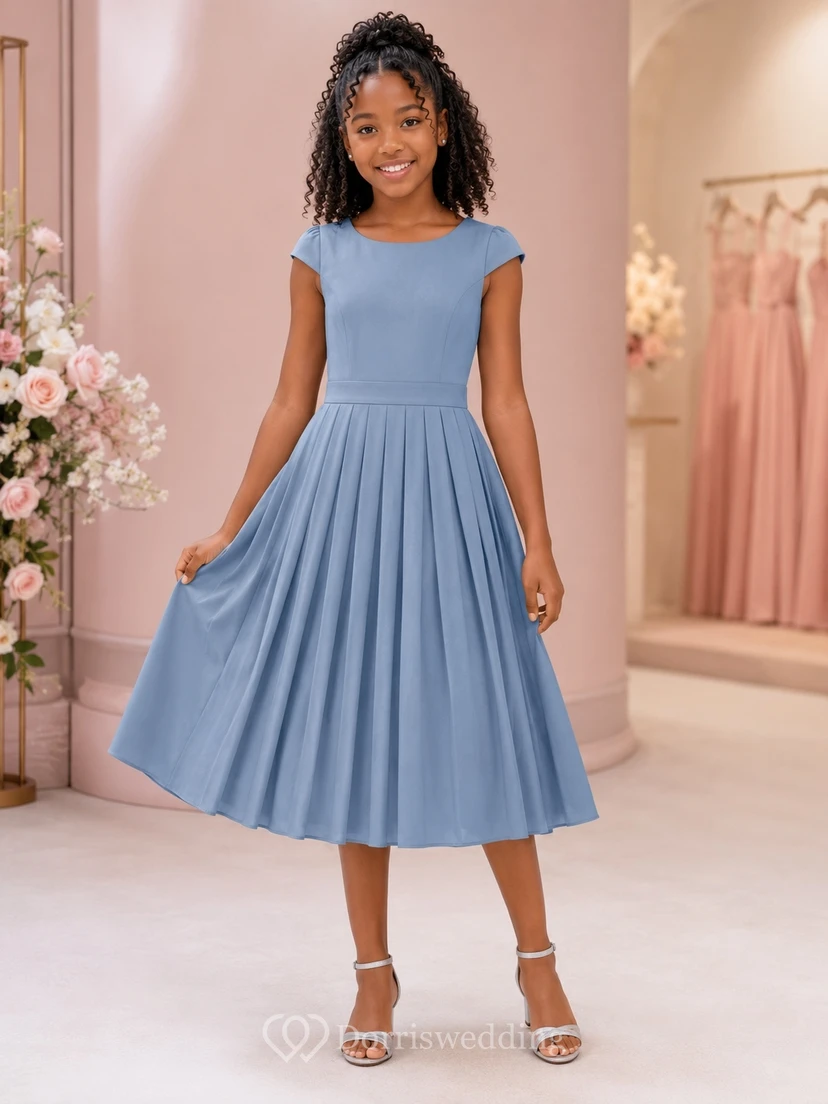 Stahlblaues Brautjungfernkleid für junge Damen, A-Linie, eckige kurze Ärmel, plissiert