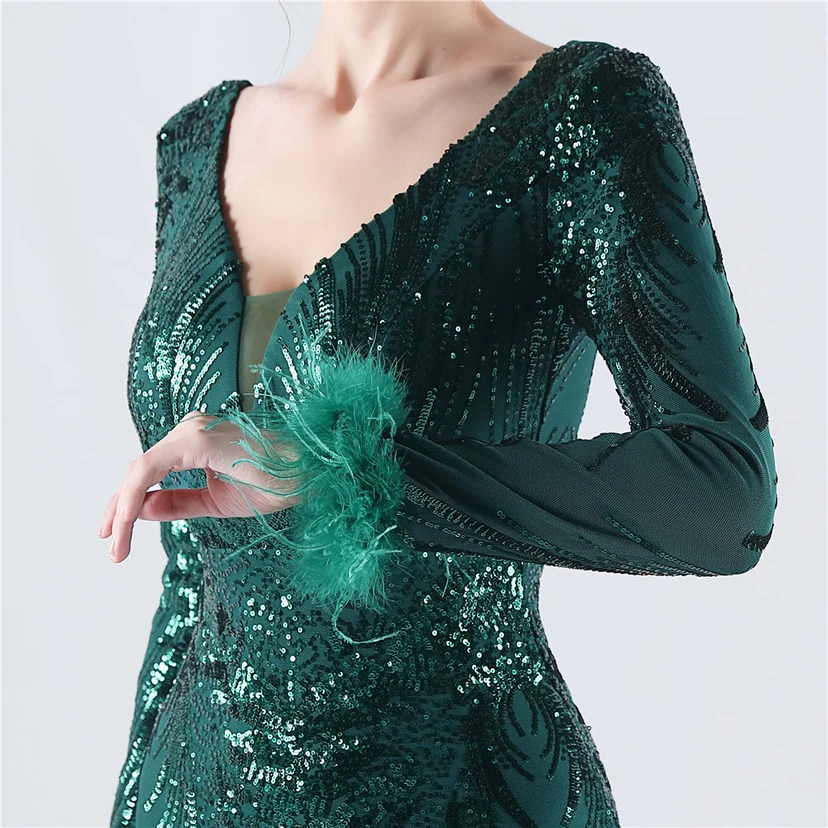 Robe de soirée haut de gamme ornée de perles florales fixes et de poils d'autruche, hôte de la réunion annuelle d'hiver view 54