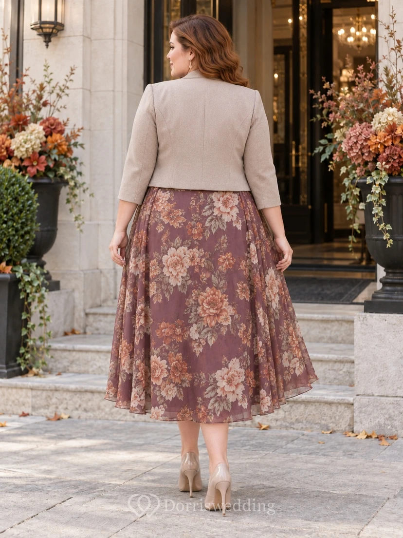 Vestido de fiesta de talla grande color malva con estampado floral, cuello en V, estilo chaqueta tres cuartos, largo hasta la rodilla, corte en A. view 2
