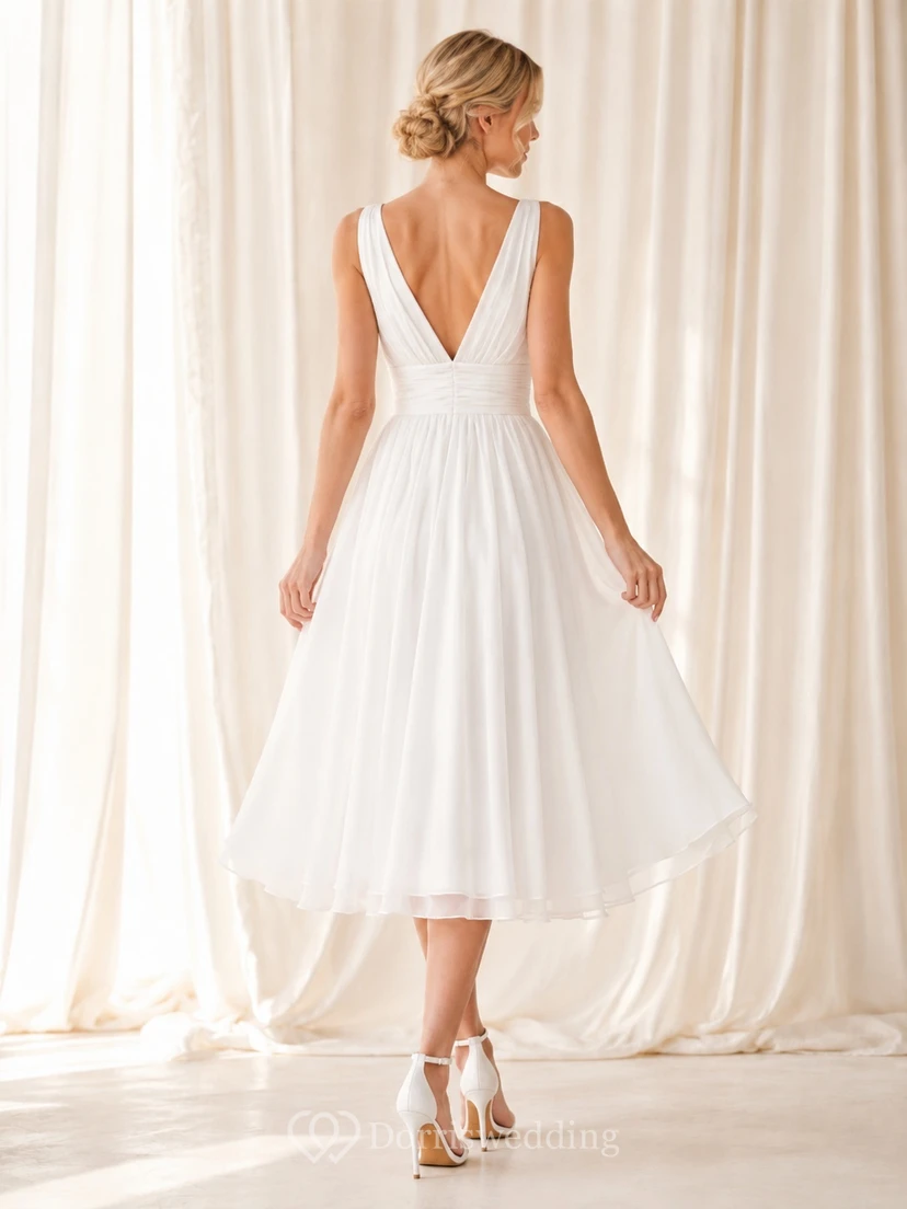 Weißes, ärmelloses Chiffon-Gästekleid in A-Linie mit V-Ausschnitt und Teelänge view 2