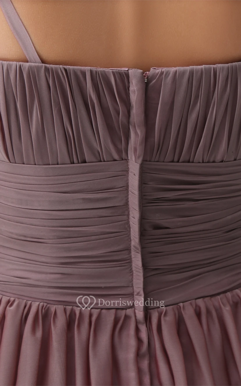 Spaghetti Straps Side Draping Ankle Length Ruched Gown With Ruffles and Flower view 7