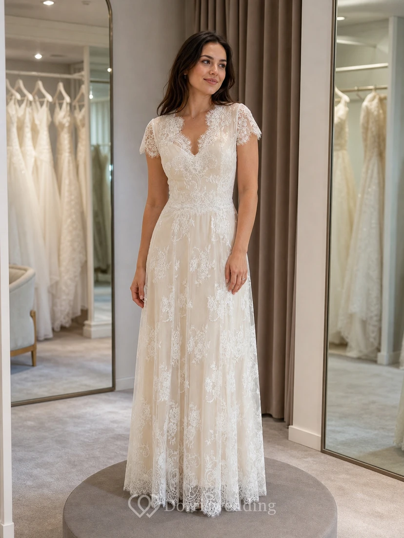 Vestido de novia de corte imperio con mangas cortas y espalda abotonada transparente. view 6
