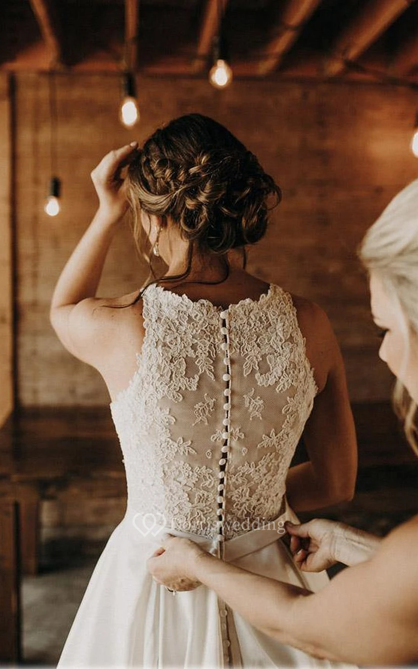 Lace Scoop-neck Chiffon Empire Country Outdoor Wedding Dress view 2