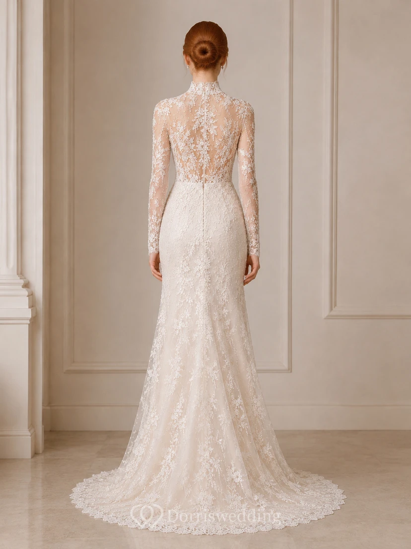 High Neck Long Sleeve Lace Sheath Wedding Dress with Illusion Back view 2