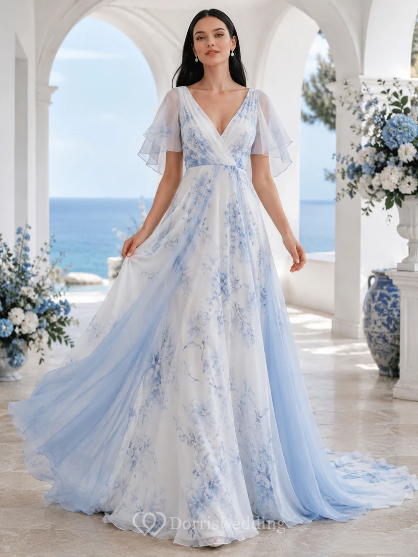 Sky Blue Airy A-Line V-Neck Flutter Sleeve Chiffon Bohemian Wedding Gown