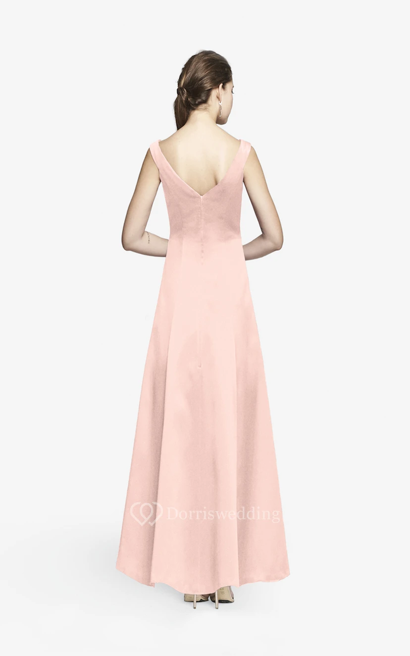 Simple V-neckline Floor-length Satin Dress With Cap Sleeves view 16
