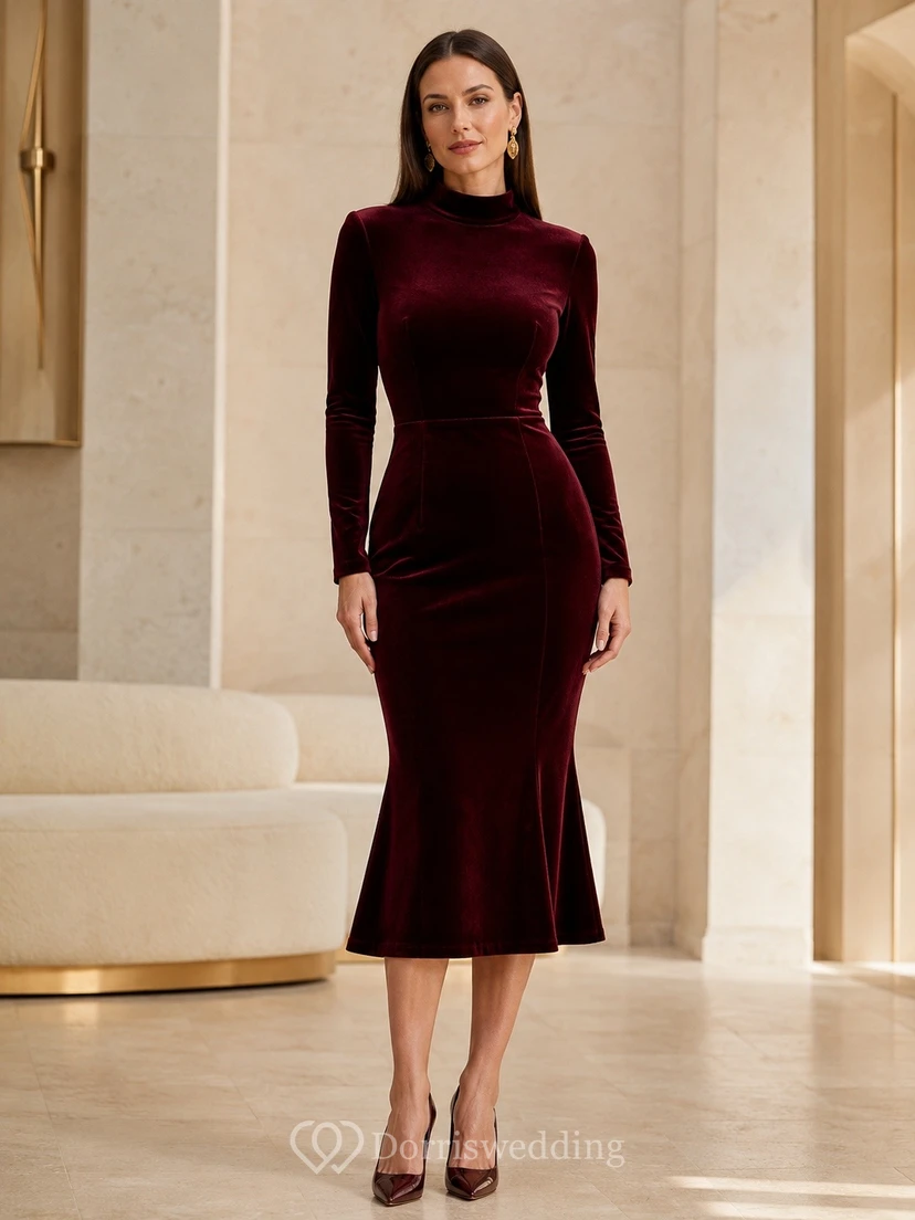 Burgundy Velvet High-Neck Long-Sleeve Refined Sheath Tea-Length Dress