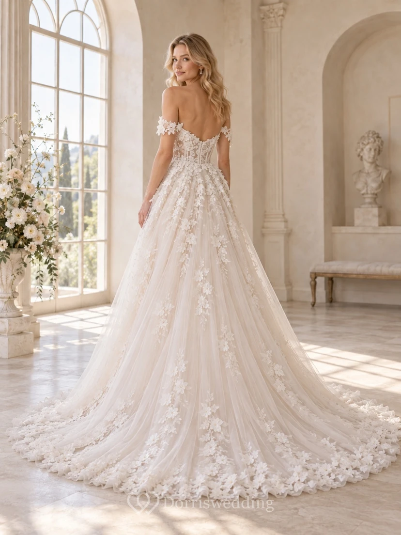 Schulterfreies 3D-Blumenapplikationen-Tüll-Ballkleid für Hochzeiten view 2