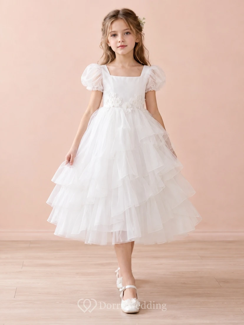 Tea-length Square Neck White Puff Sleeve Floral Waist Satin Tiered Tulle Flowergirl Dress