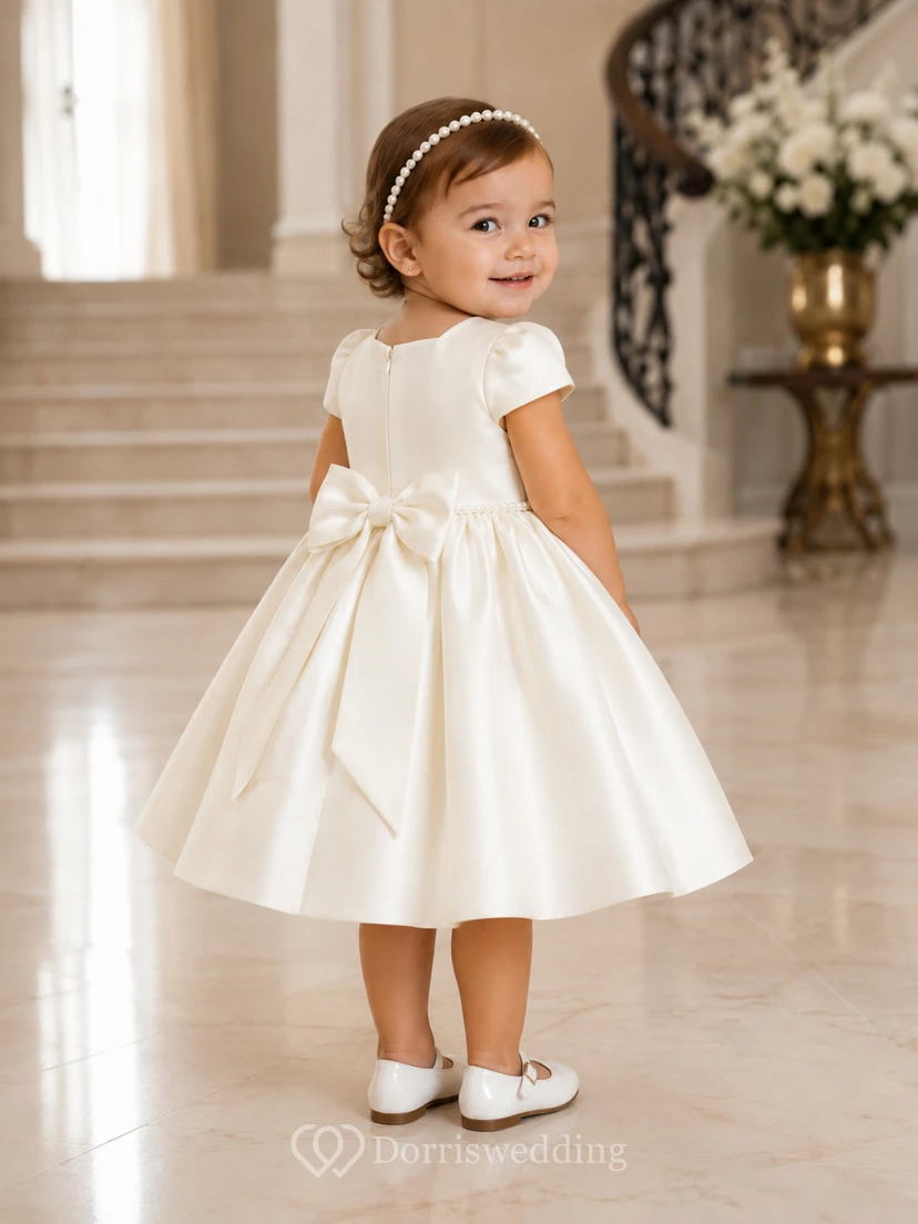 Baptism Dress Luxury Satin A-Line Jewel Neck Short Sleeve Pleated Skirt view 2