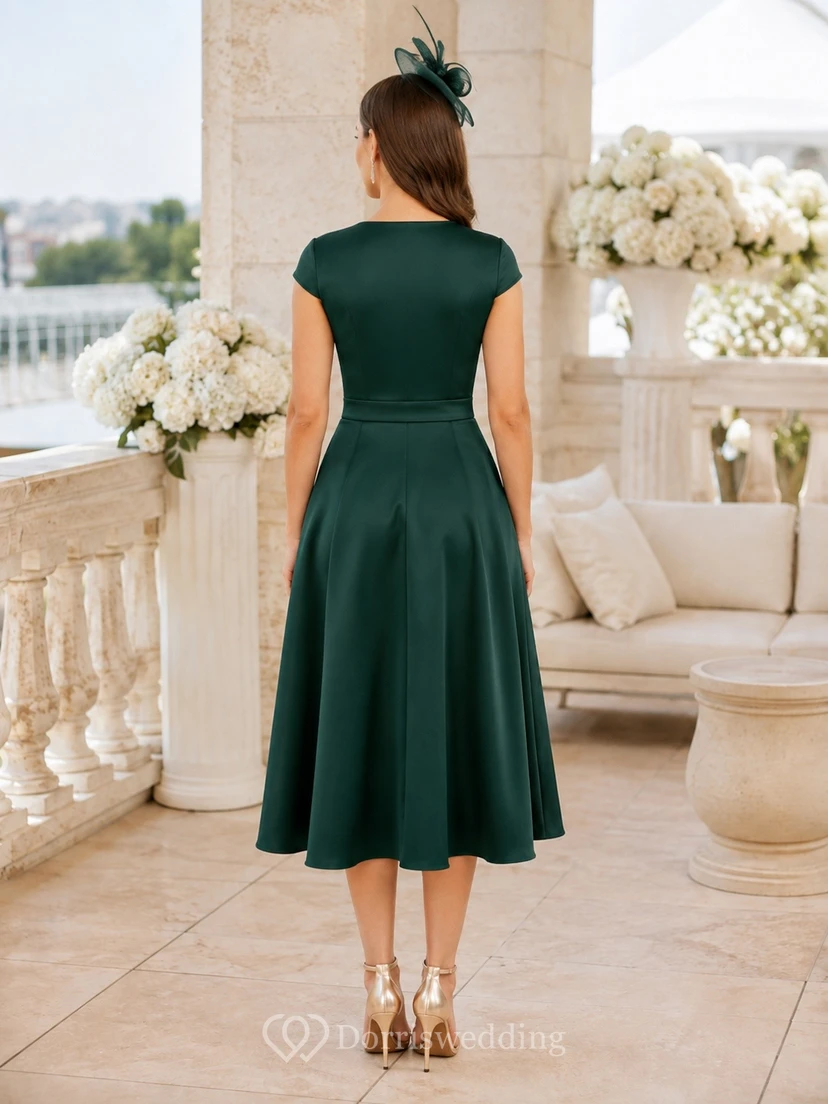 Vestido Derby sin mangas de corte A con escote en V y largo midi, color verde oscuro, de satén. view 2