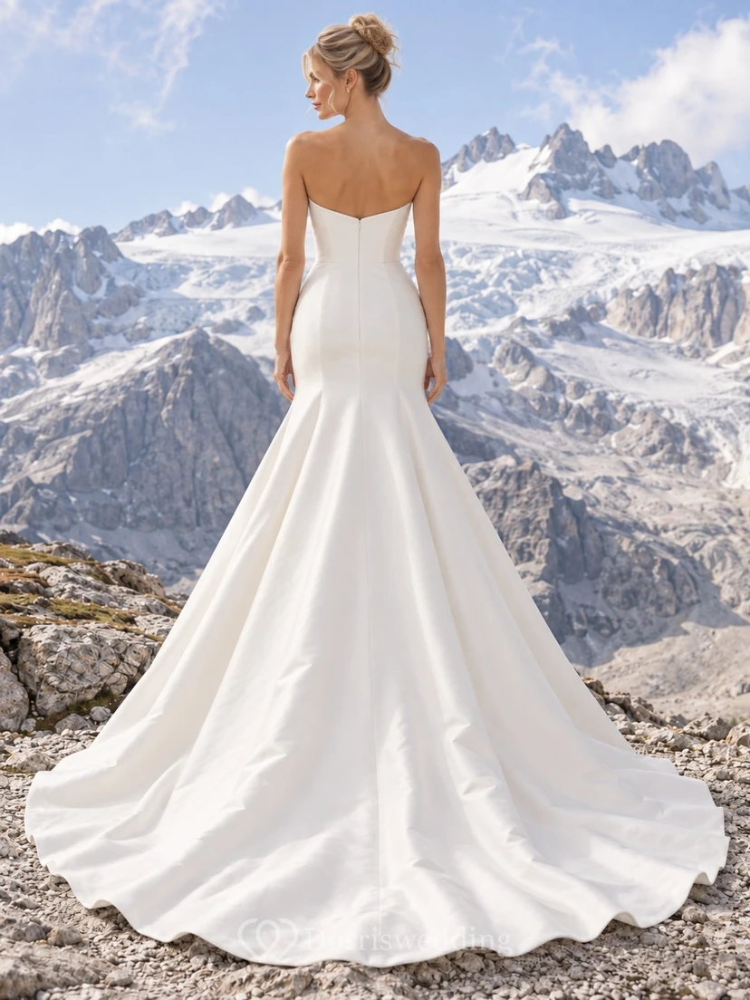 Vestido de novia sencillo de tafetán estilo sirena sin mangas con cola larga y escote corazón view 2