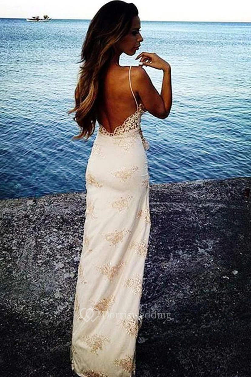Sheath Lace Straps V-neck Sleeveless Low-V Back Dress view 11