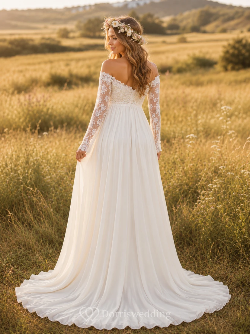 Maternity Wedding Dress Off Shoulder Long Lace Sleeve A-Line Gown with Train view 2