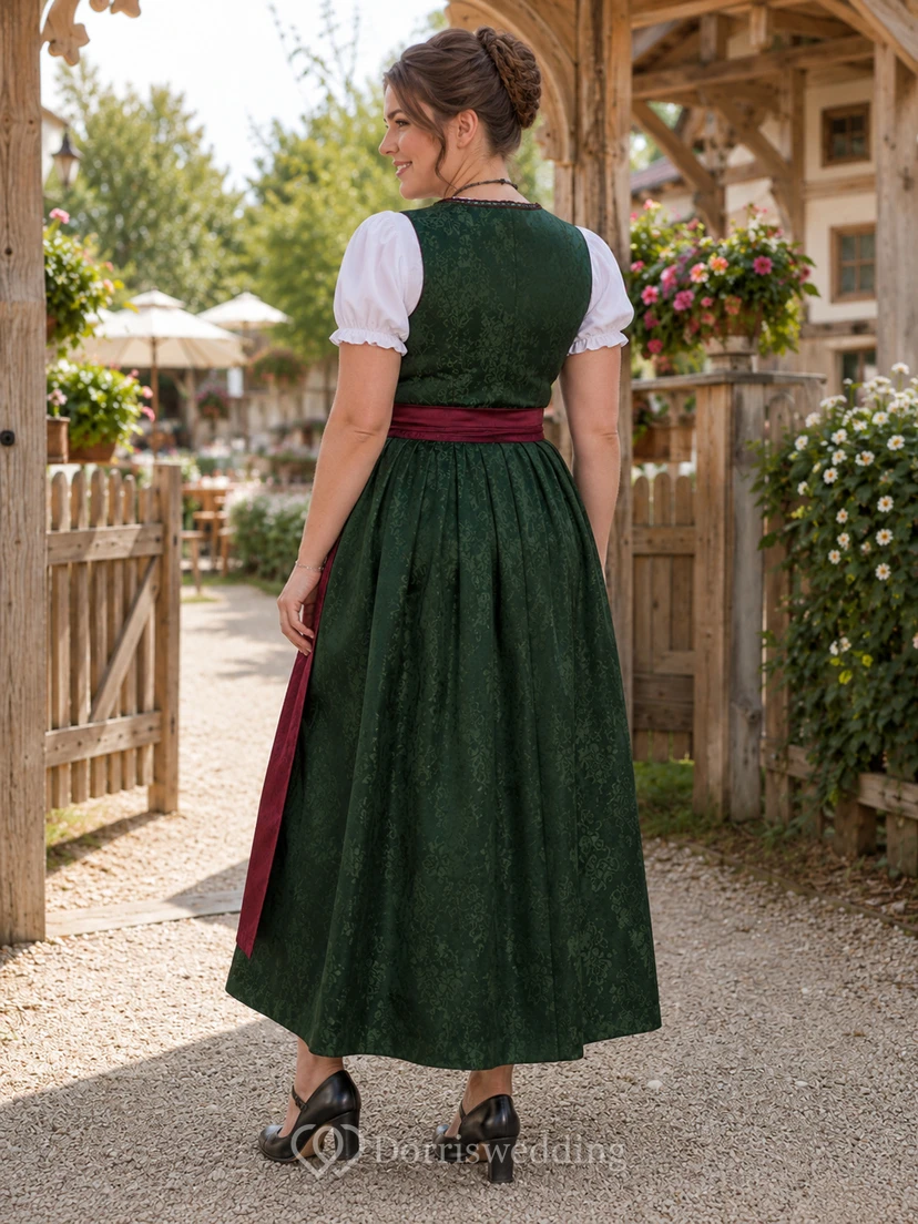 Dirndl jacquard verde oscuro de talla grande, largo hasta la rodilla, mangas abullonadas, delantal burdeos view 2
