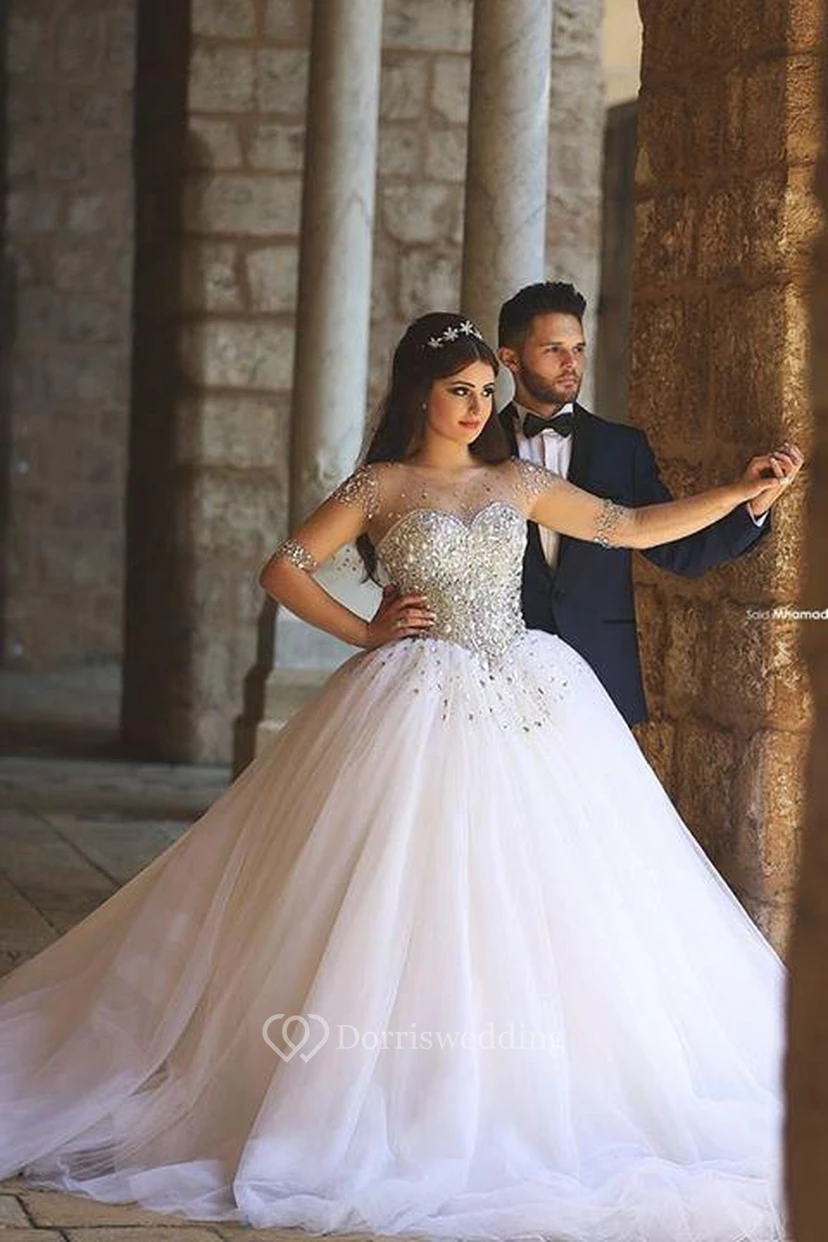 Glamorous Illusion Half Sleeve Tulle Wedding Dress Beadings Ball Gown